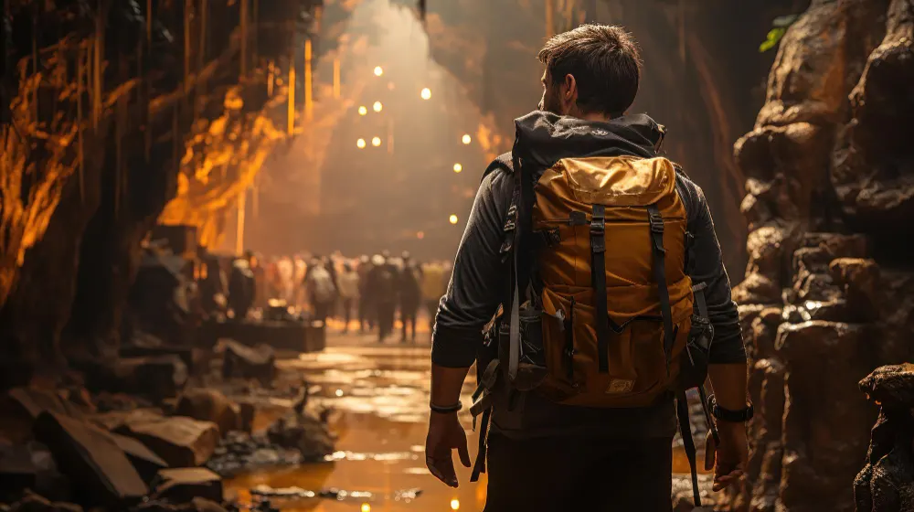 trekker-with-a-backpack-walking-inside-a-cave-bathed-in-sunlight