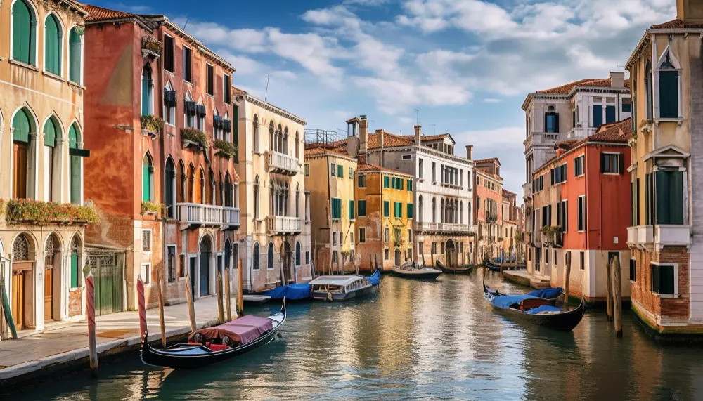 Venetian-canal-reflects-vibrant-architecture