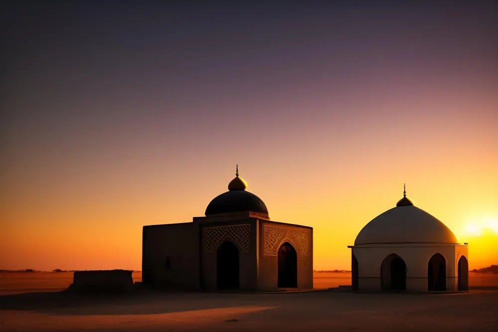 mosque in the desert with the sun setting behind it