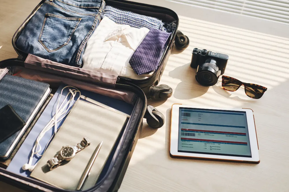 packed-suitcase-desk-tablet-with-eticket-screen-camera-sunglasses