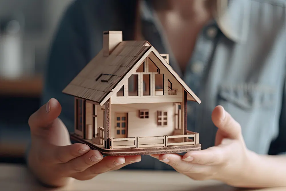 a-woman-holds-a-wooden-house