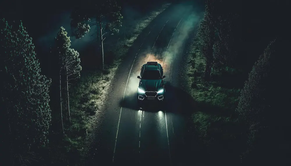 the-car-is-driving-on-the-road-at-night-in-the-forest