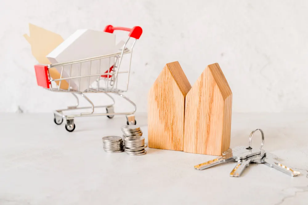 keys-and-small-shopping-cart-on-concrete-backdrop