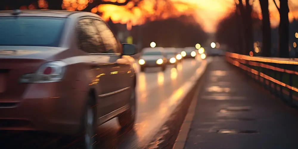 a-car-mirror-showing-the-blurred-city-traffic-at-evening