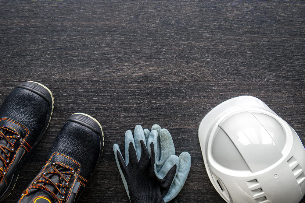 Electrician-work-uniform-items-on-a-wooden-background-top-view