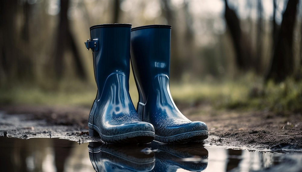 Muddy-rubber-boots-reflect-autumn-nature-scene