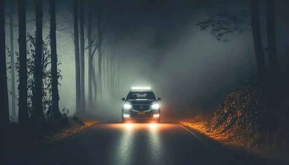 the-car-is-driving-on-the-road-at-night-in-the-forest