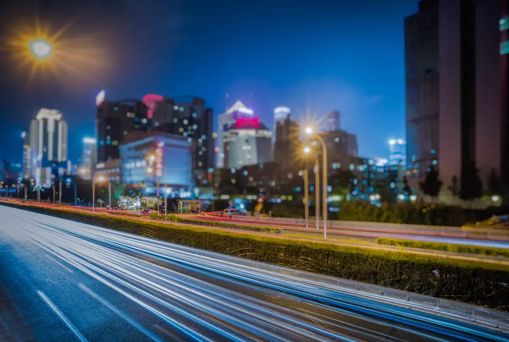 Blurred-traffic-light-trails-on-road